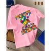 European Sizes Round-Neck T-Shirt Featuring a Colorful Block Pattern And The Words  Perfect for Casual Wear