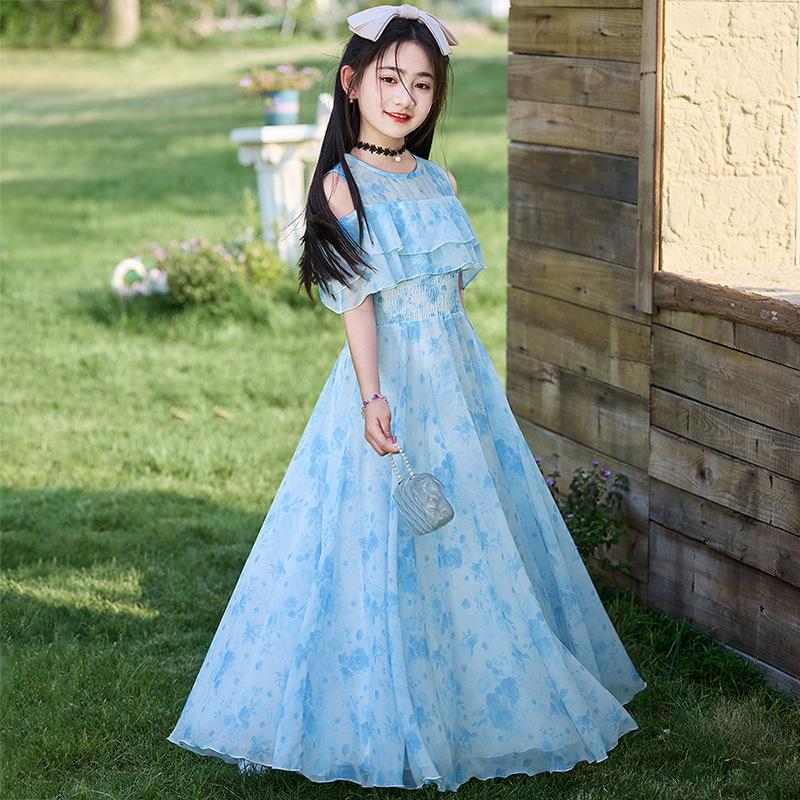 Girls Floral Print Princess Long Dress Kids Summer Casual Beach Dress 120cm