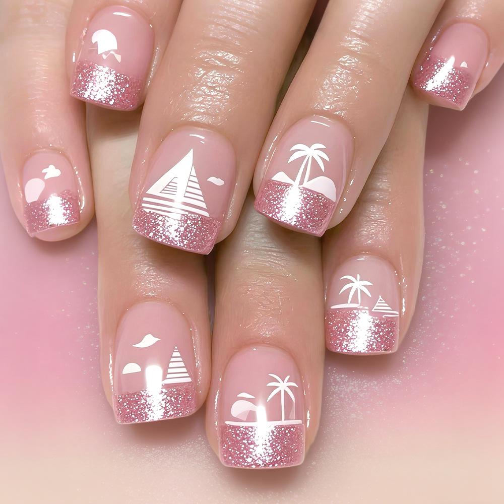 Bright Pink Glitter Coconut Tree Pattern Wearable Nails - 24 Detachable Pieces