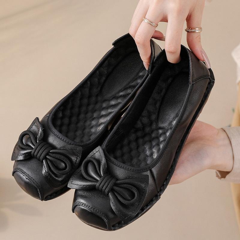 Fashion New Cow Leather Shoes Woman Luxury Bowknot Ballet Flats Women's Shallow Slip On Moccasins Mother Comfortable Autumn Flats Shoes
