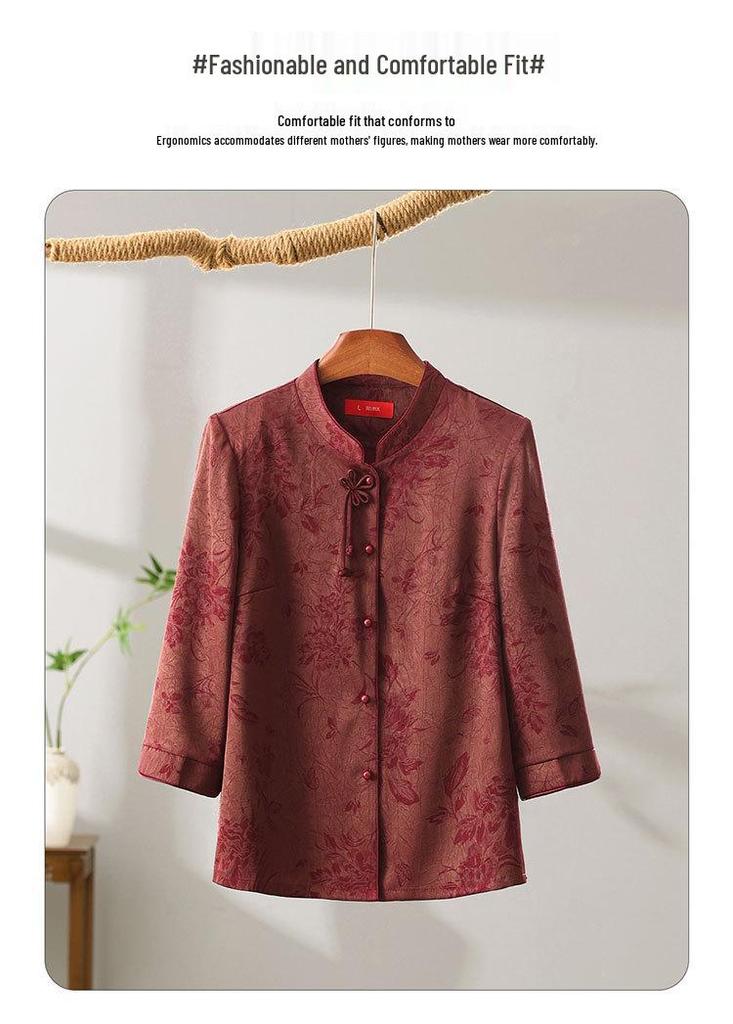 Stylish Summer Jacquard Shirt for Middle-Aged & Elderly Women - Plus Size, Nine-Sleeve, Stand-Up Collar, New Chinese Style