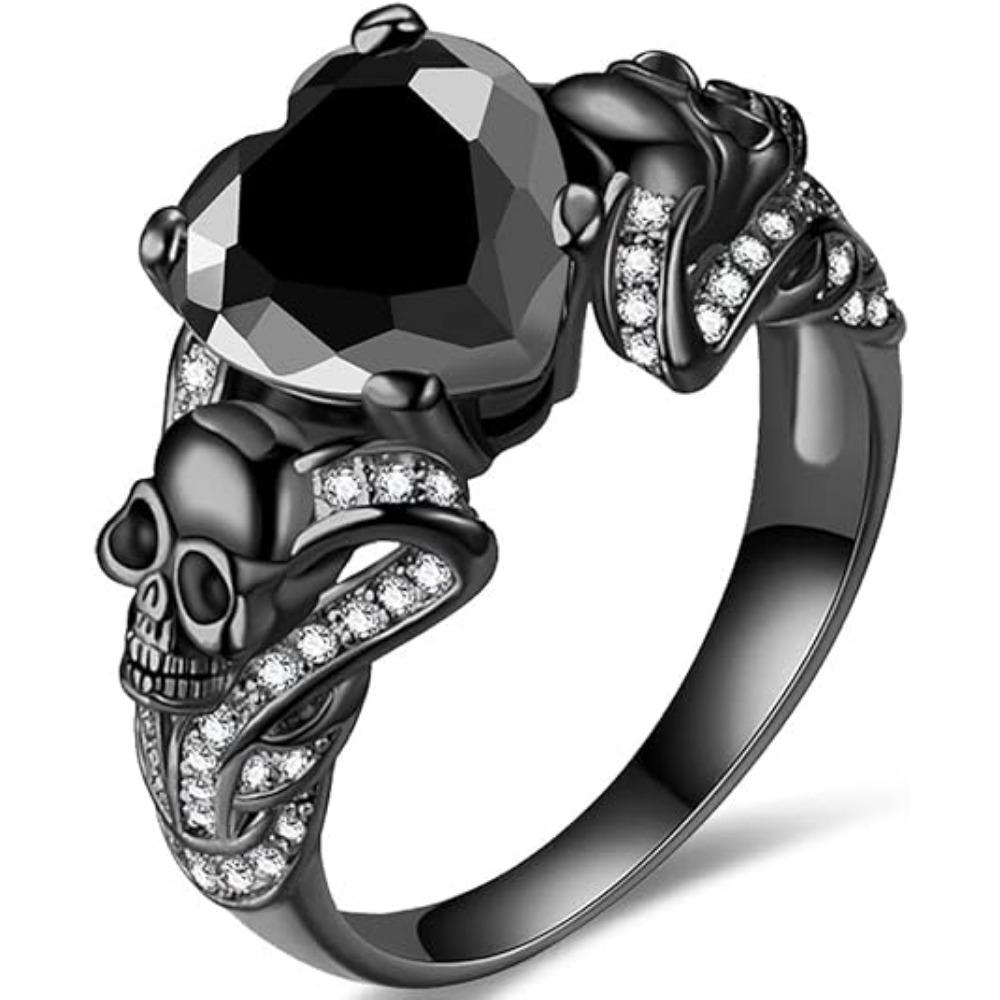 Vintage Gothic Skull Rings Heart Cubic Zirconia Crystal Biker Cocktail Party Rings