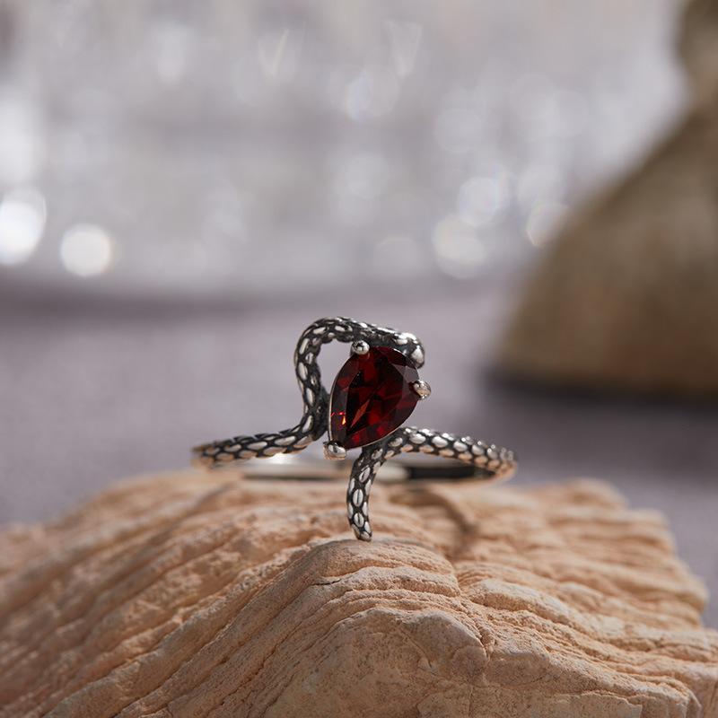 S925 Natural Colored Treasure Retro Thai Silver Ring, Male And Female Couples Ring, Spirit Snake Index Finger Ring, Niche Light Luxury Does Not Fade