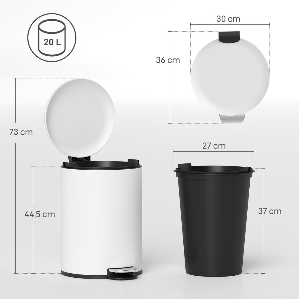 Trash Can 20L, with Pedal, Inner Bucket, Fingerprint-Proof, Quiet Closing, Cream White