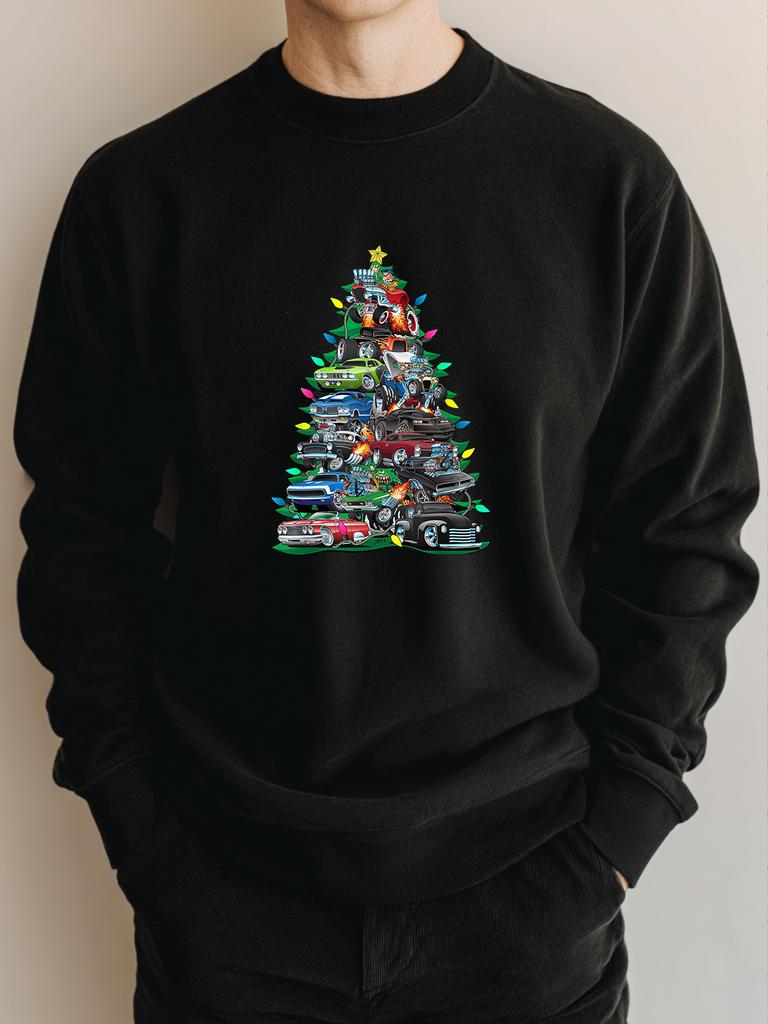 Christmas Tree Black Sweatshirt Cotton Material Festive Vehicle Design Holiday Season Sweatshirt Plus Size