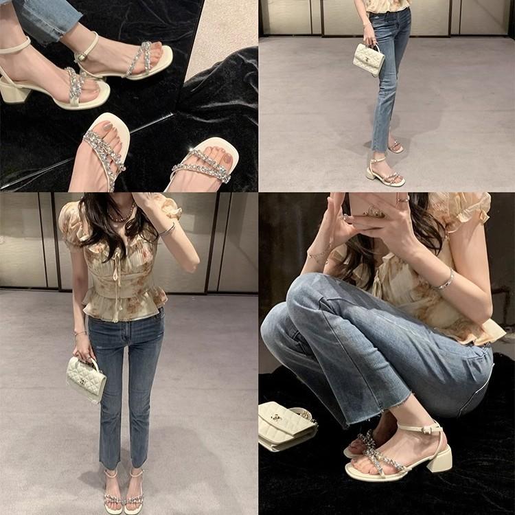 Su Yinyin Rock Candy Fairy~ Summer New One-word Sandals French Rhinestone Open-toed Thick High-Heeled Sandals Women