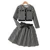 Set Elegant pentru Fete Toamnă Modă Copii Jachetă cu Mânecă Lungă Carouri Imprimeu Păsări Curea Talie cu Fundă Fustă Set Două Piese
