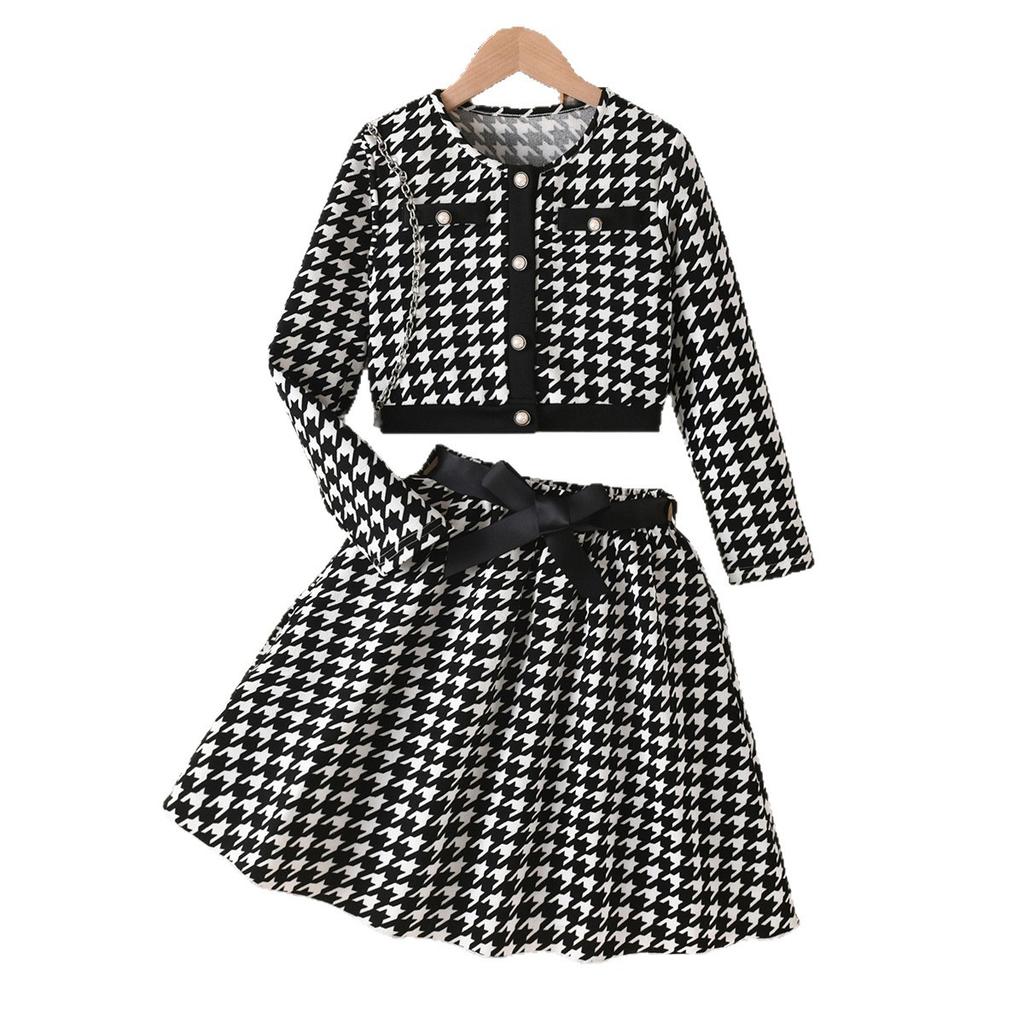 Set Elegant pentru Fete Toamnă Modă Copii Jachetă cu Mânecă Lungă Carouri Imprimeu Păsări Curea Talie cu Fundă Fustă Set Două Piese