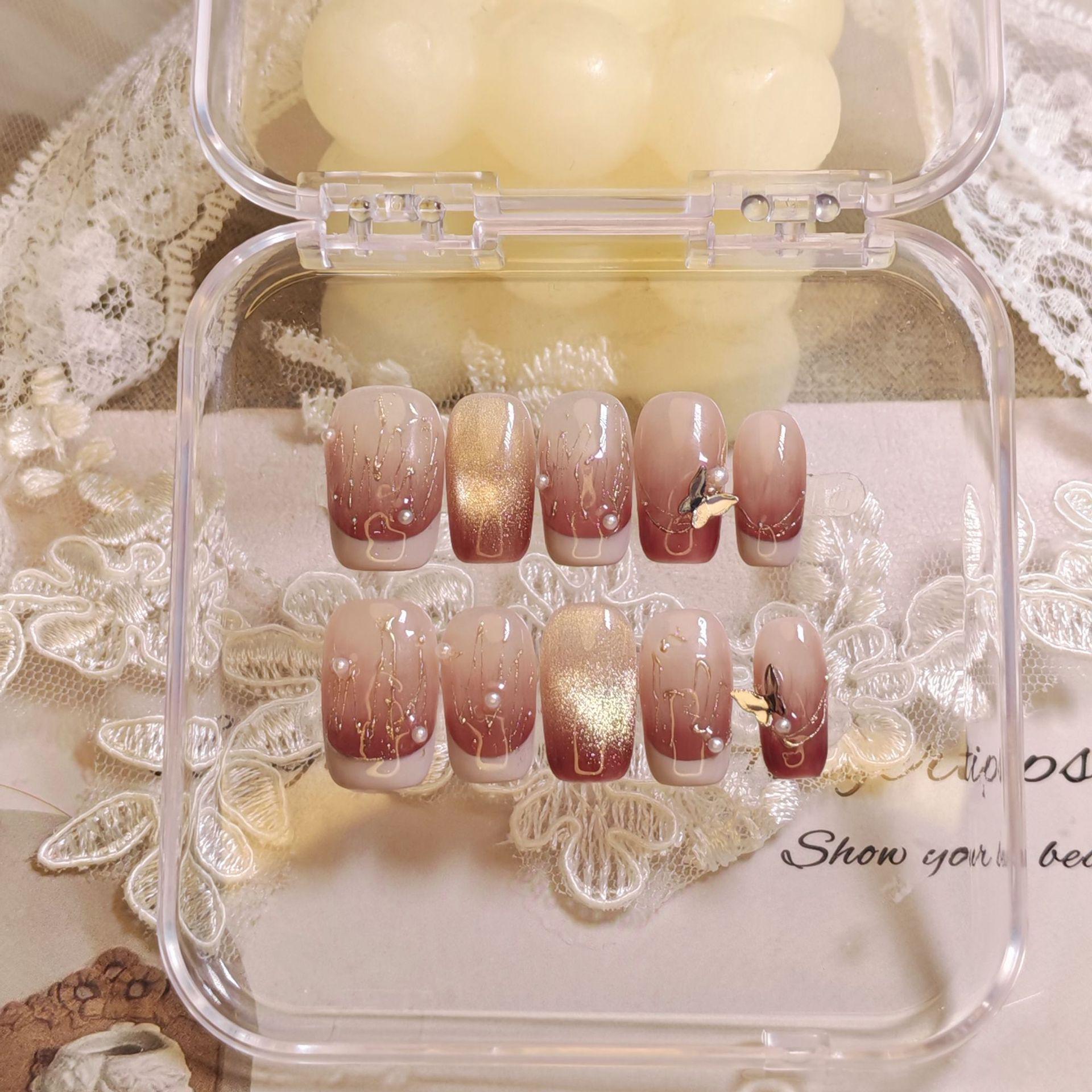 Handmade Red-Brown Press-on Nails: New Year Cherry Gradient with Gold Foil New Middle Style-XS