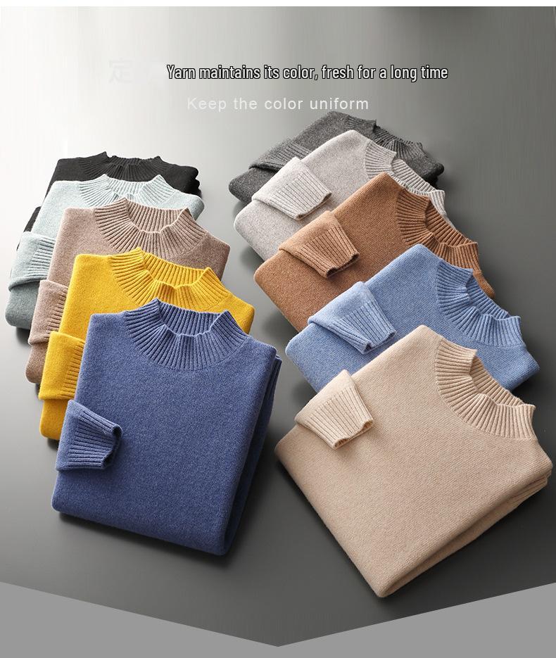 100% Pure Wool Men's Thick Half-High Collar Sweater, Business Fashion Knit Plus Size Sweater.