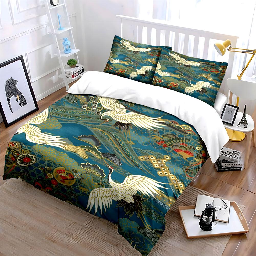 Japanese Crane Pattern Decor Set Bedding Set with 1 Duvet Cover 2 Pillowcases Single Double King Queen, Gift