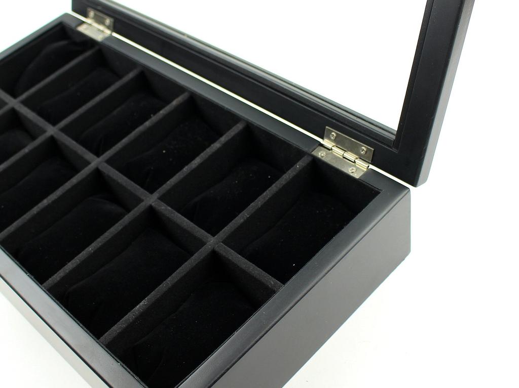 Anberotta Luxusní dřevěná krabička na hodinky pro 12 hodinek se skleněným okénkem AT50, (12 Hodinek/Černá)