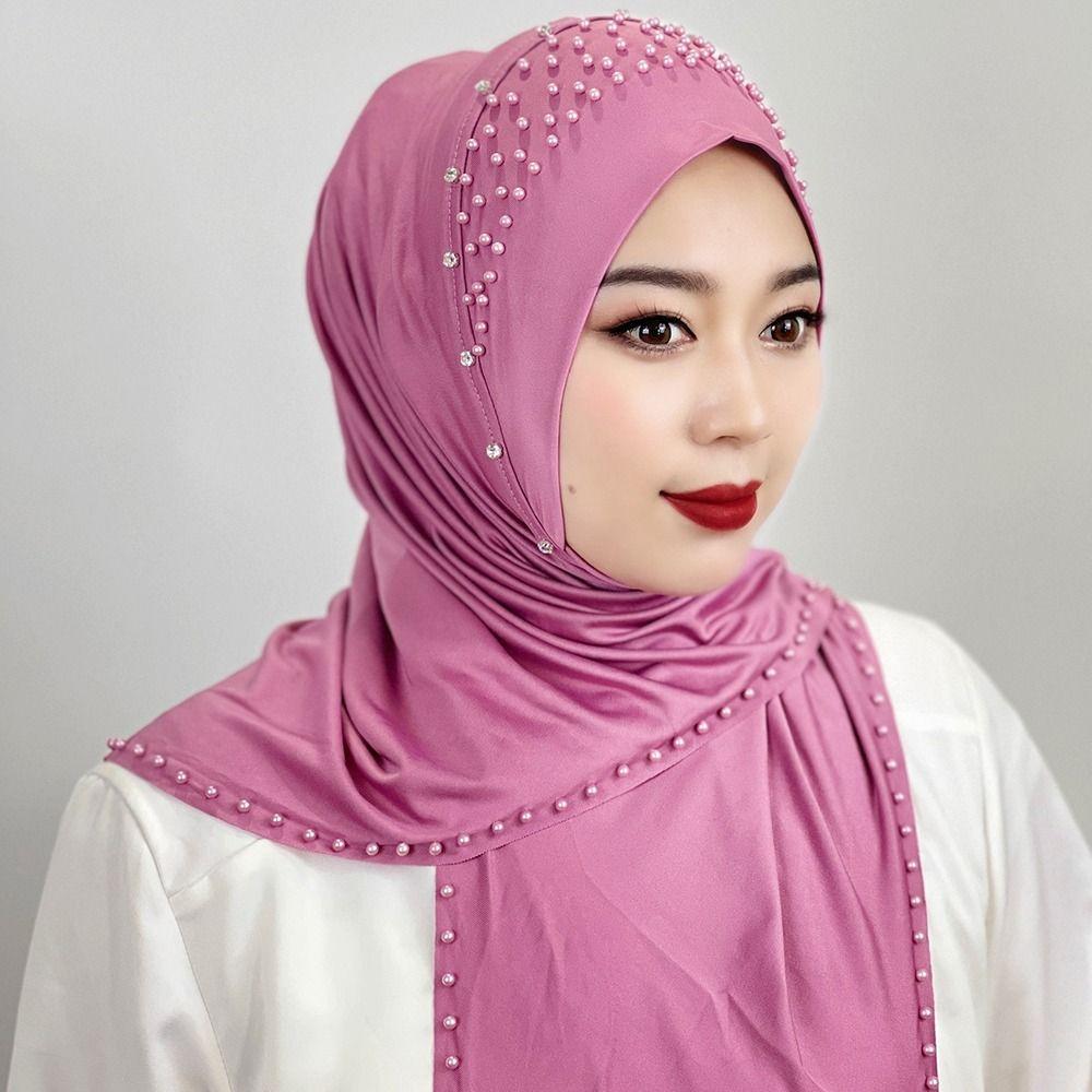 Beaded Arabic Hijab Hats Solid Color Turkish Head Wrap Scarf Comfortable Muslim Hijab  Woman