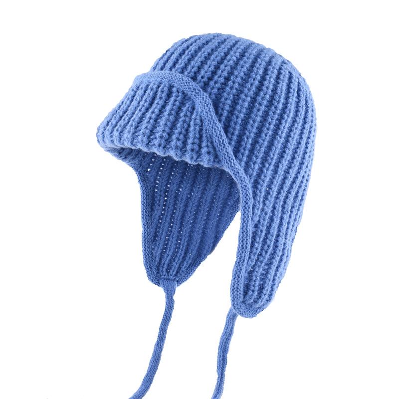 Korean version of ear protection knitted wool hat children's autumn and winter thermal hat men's solid color strap flying ski hat tide
