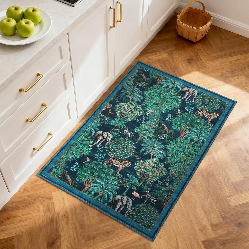 Tappeto per Area con Stampa Animali della Giungla, Design Tigre Elefante Zebra Safari, Tappetino Antiscivolo per Camera dei Bambini, Asilo Nido, Arredamento Casa