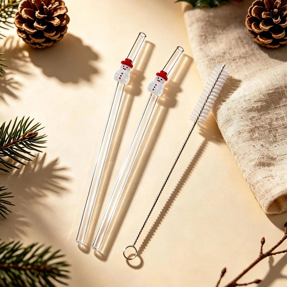 2Pcs Christmas Reusable High Borosilicate Glass Drinking Straws Set Set with 1Pc Brush Milk Shake Coffee Cocktail Straw Bar