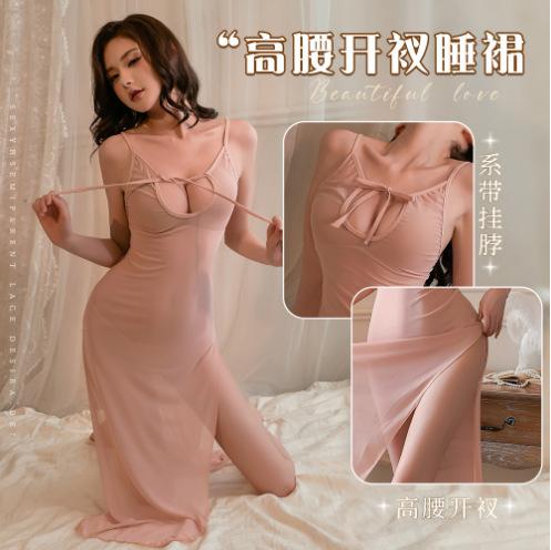 Decorated with the new sexy Spice Girl hollowed out and thin medium and long dress, inner robe, pajamas, high waist slits, suspenders.