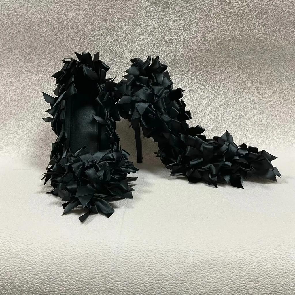Black Satin Butterfly-Knot Women Pumps 2025 Summer New Shallow High Heels Pointed Toe Stiletto Heel Casual Sandals