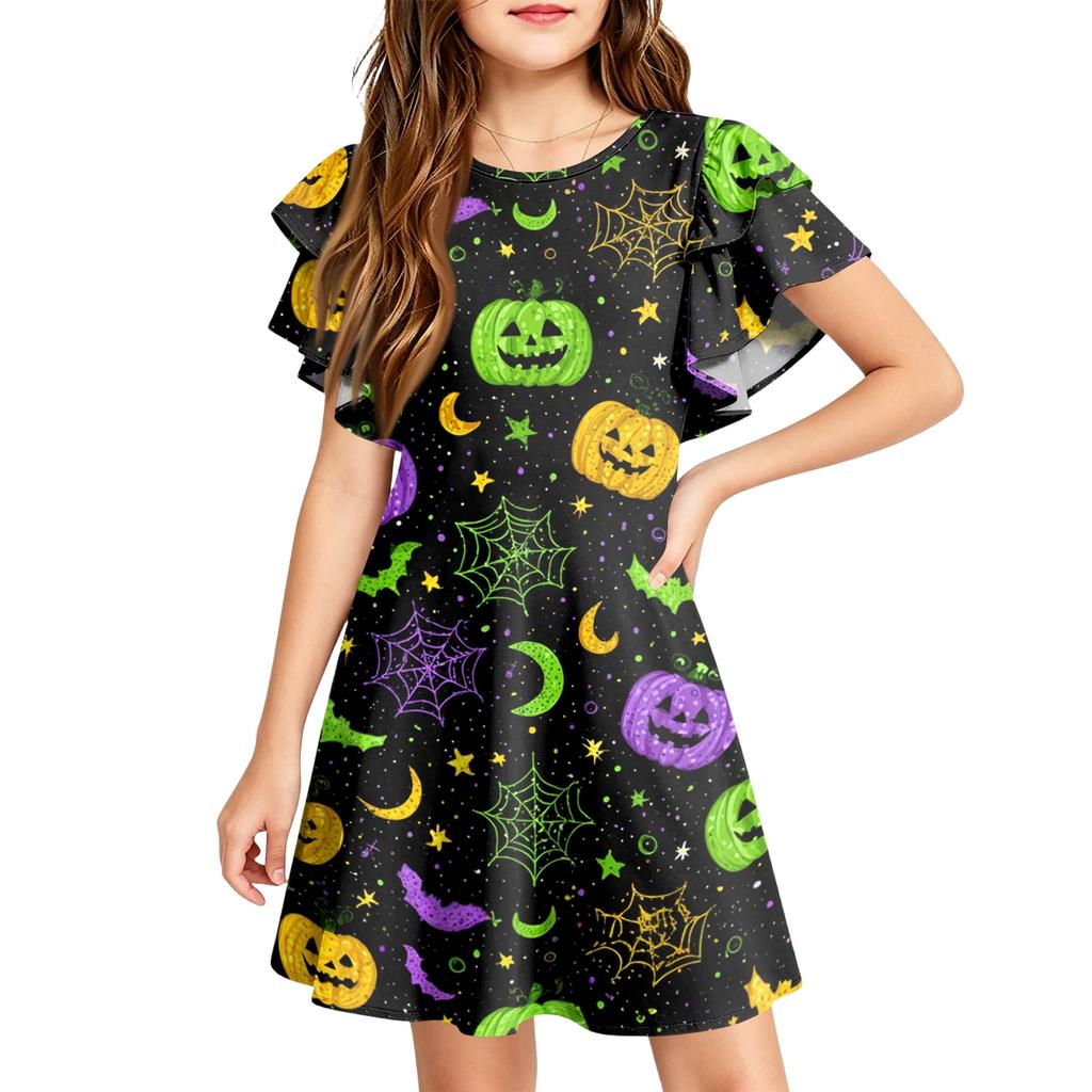 Children's ruffled sleeve dress with round neckline, A-line style, casual Halloween print dress