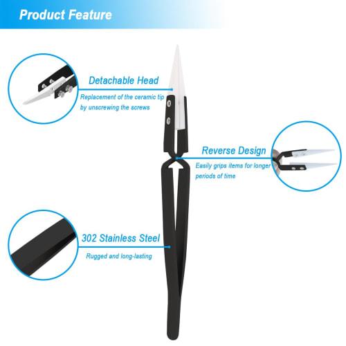 ZHUROUPU 4-Piece Reverse Tweezers, Precision Ceramic Stainless Steel ESD Tweezers with Non-Conductive Heat-Resistant Anti-Magnetic Pointed & Curved Ti
