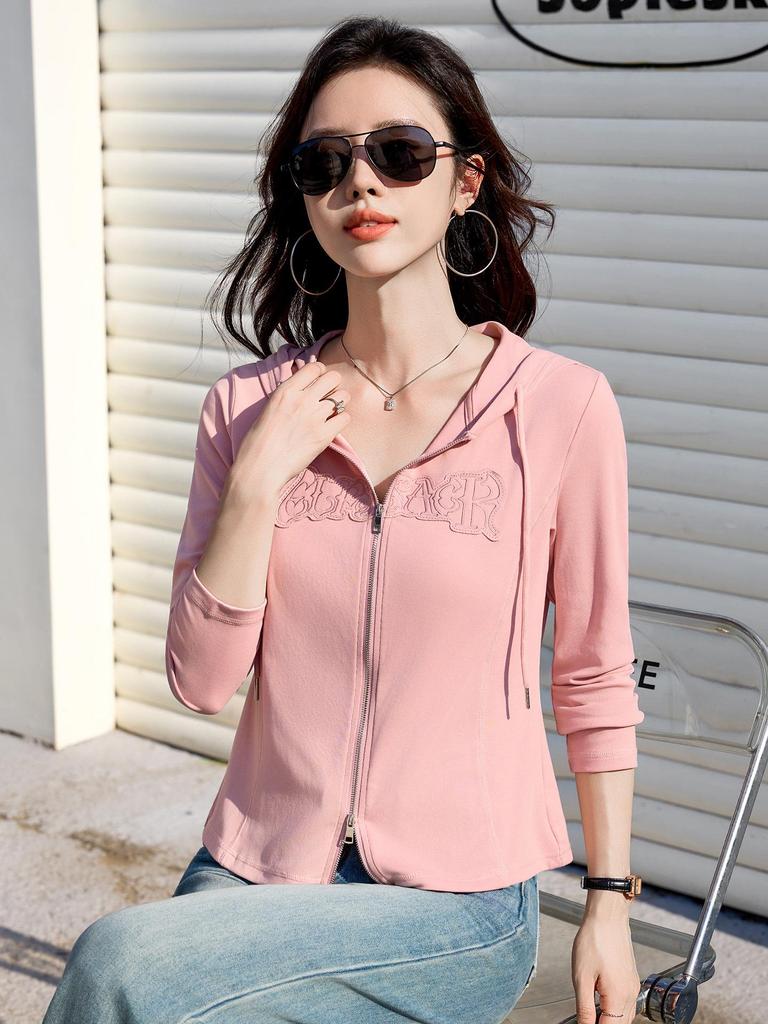 Women's 2025 Slim-Fit Hooded Long-Sleeve T-Shirt: Spring/Autumn Lightweight Short Jacket Top