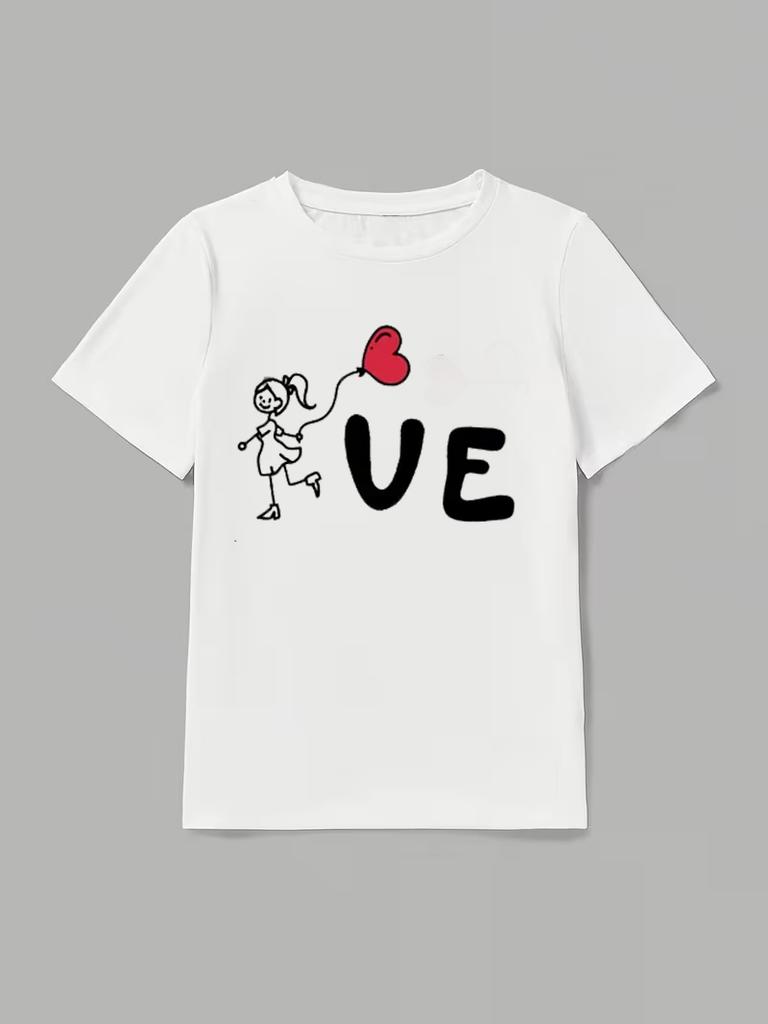 Schwarz-Weißes Lässiges Kurzarm-T-Shirt mit Rundhalsausschnitt und Cartoon-Charakter-Design für Paare auf Paarreise