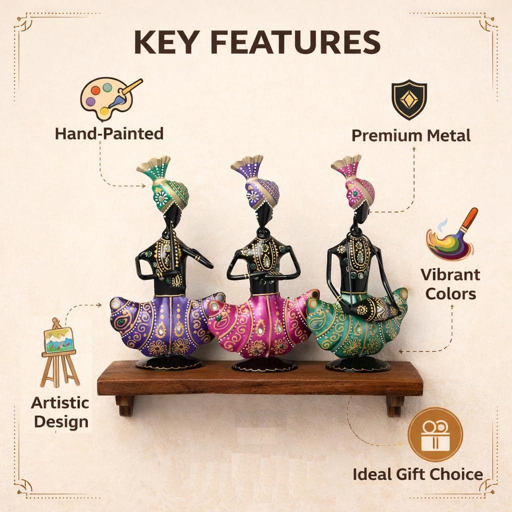 Handmade Metal Iron Sitting Musician Set of 3 Playing Musical Instrument Idol Handpainted Figurine Showpiece for Home Decor