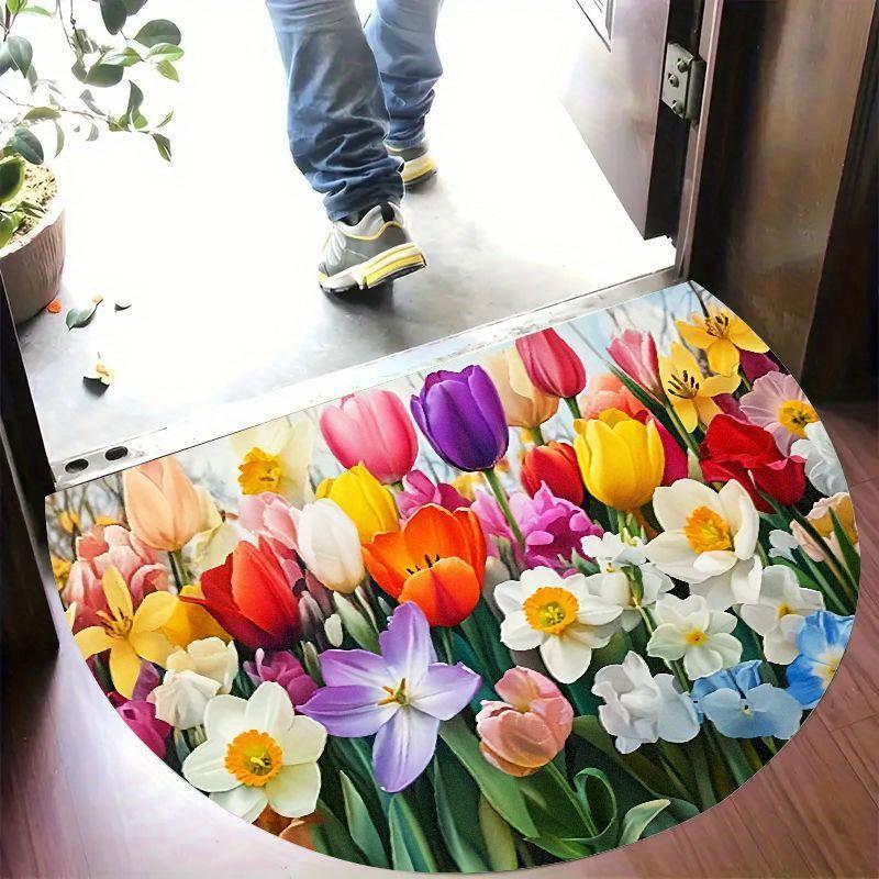 1Pcs Tulip & Daffodil Semi Circle Welcome Doormat Non-Slip for Outdoor Patio Porch Kitchen Bathroom Entryway Floor Mat