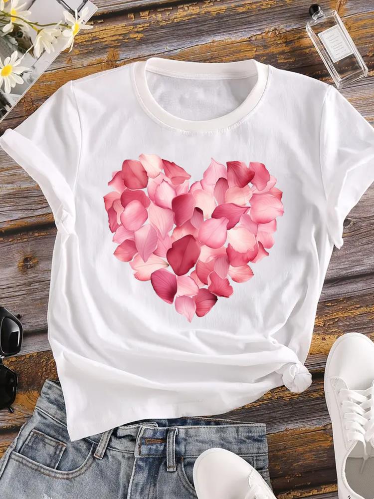(Asian Size) trend love heart flower T-shirts Printed Clothing Lady o-neck Short Sleeve Female Top Casual T Shirt Fashion Women Graphic Tee