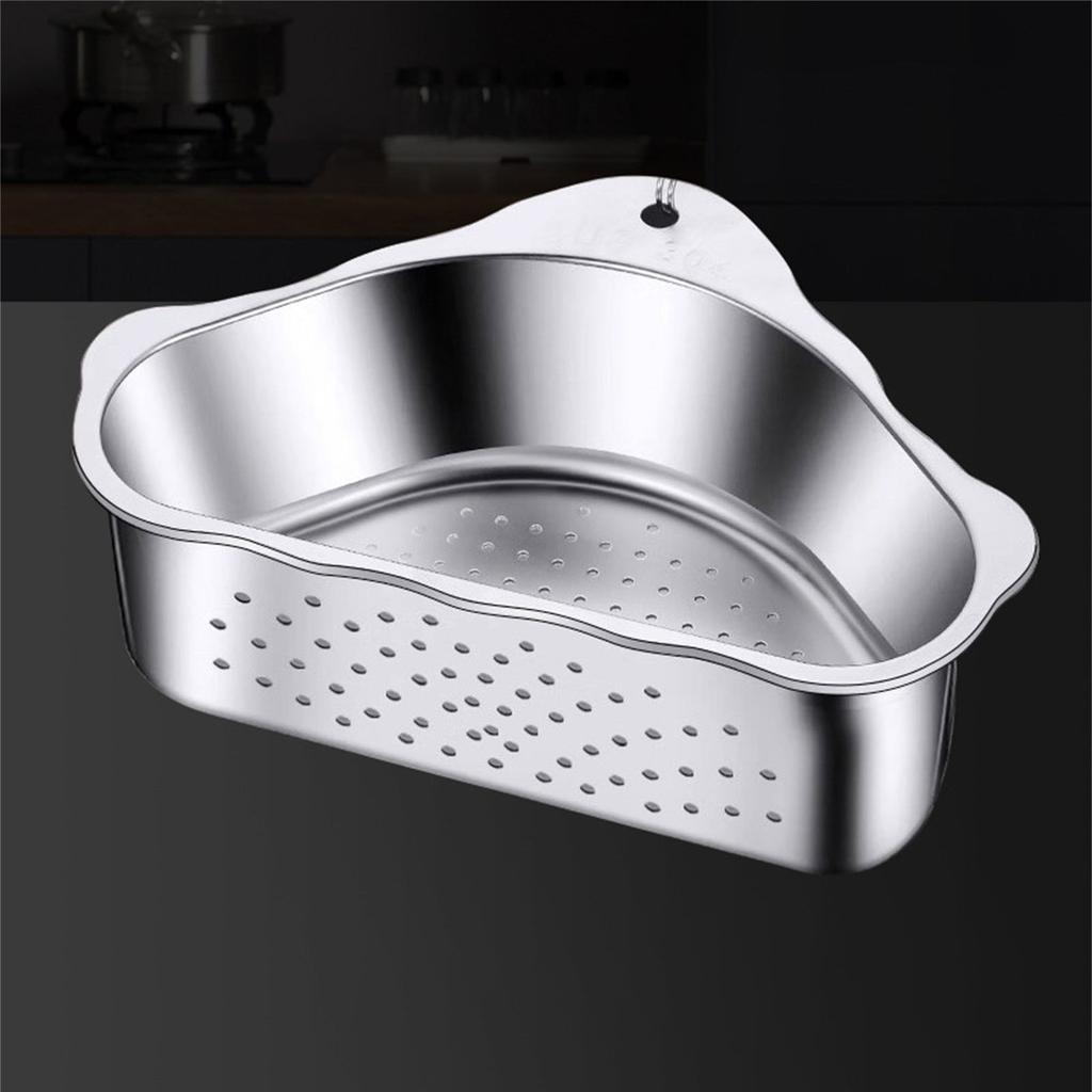 Triangular Kitchen Sink Organizers With Mesh Drain Basket Food Grade Steel Rustproof Design Corner Food Strainer Rack