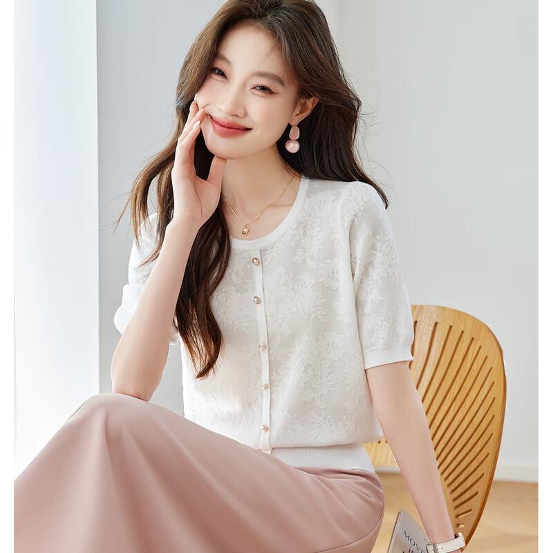 Srcr Women's Jacquard Knit Mulberry Silk Blend Short Sleeve Top