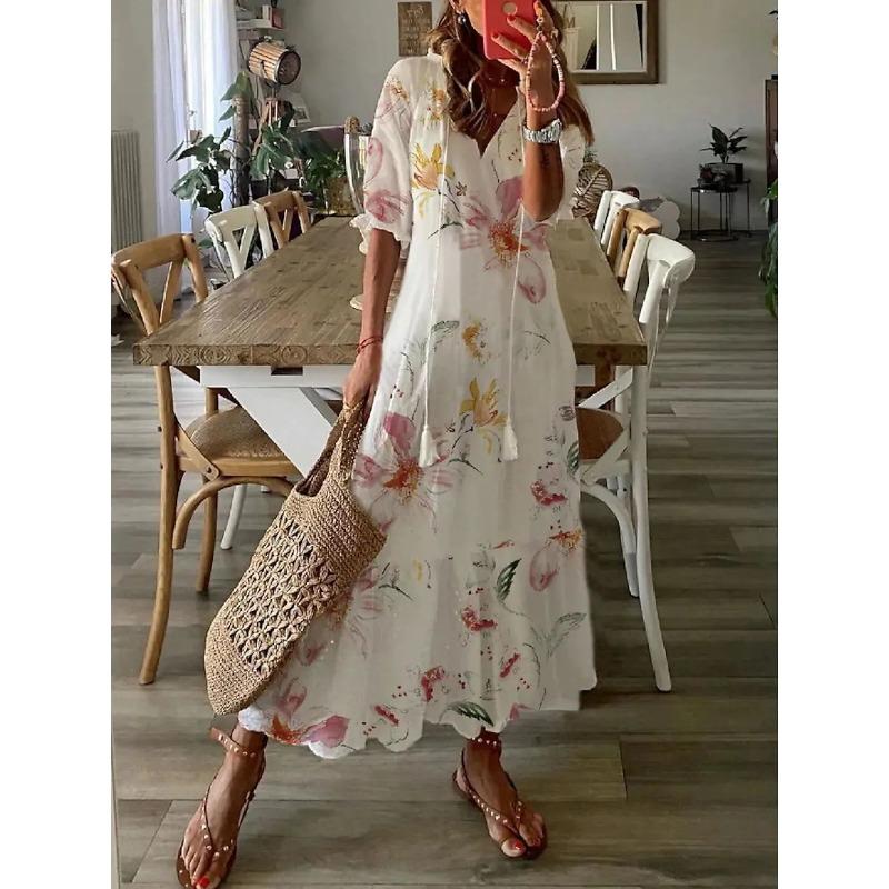 Modna Sukienka Maxi z Krótkim Rękawem, Luźna, z Dekoltem w Serek, Drukowana, Casualowa, Słodka, z Wysokim Stanem, Wiosenna, Letnia, Elegancka, Wakacyjna, A-line, Damska, Prosta, Odzież Damska