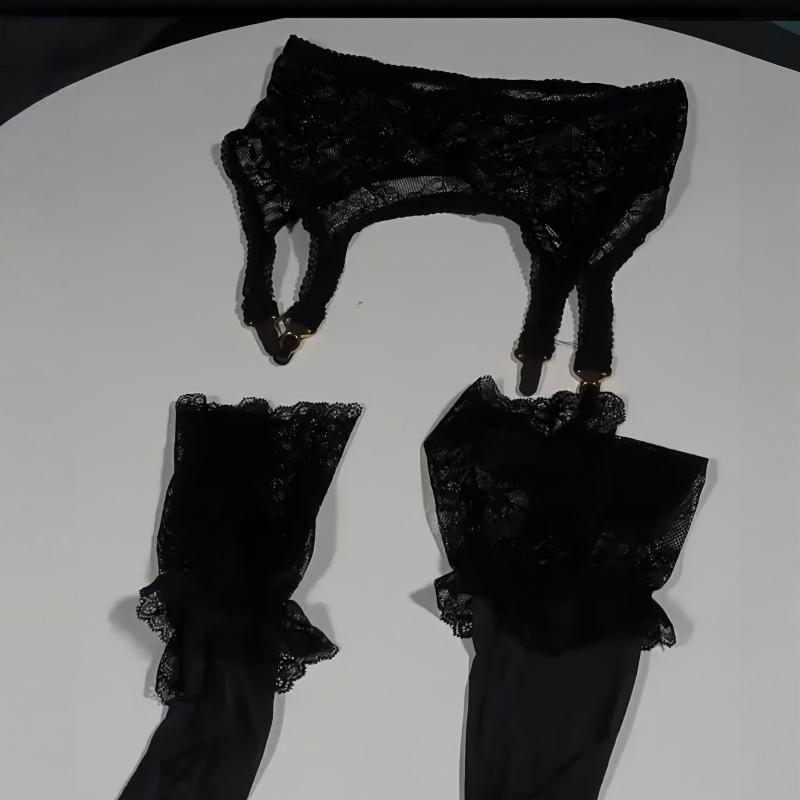 Women Sexy Lace Transparent Garter Belt With Oil Shiny Wide Rib Cut Edge Thigh High Stockings Female Erotic Lingerie Set