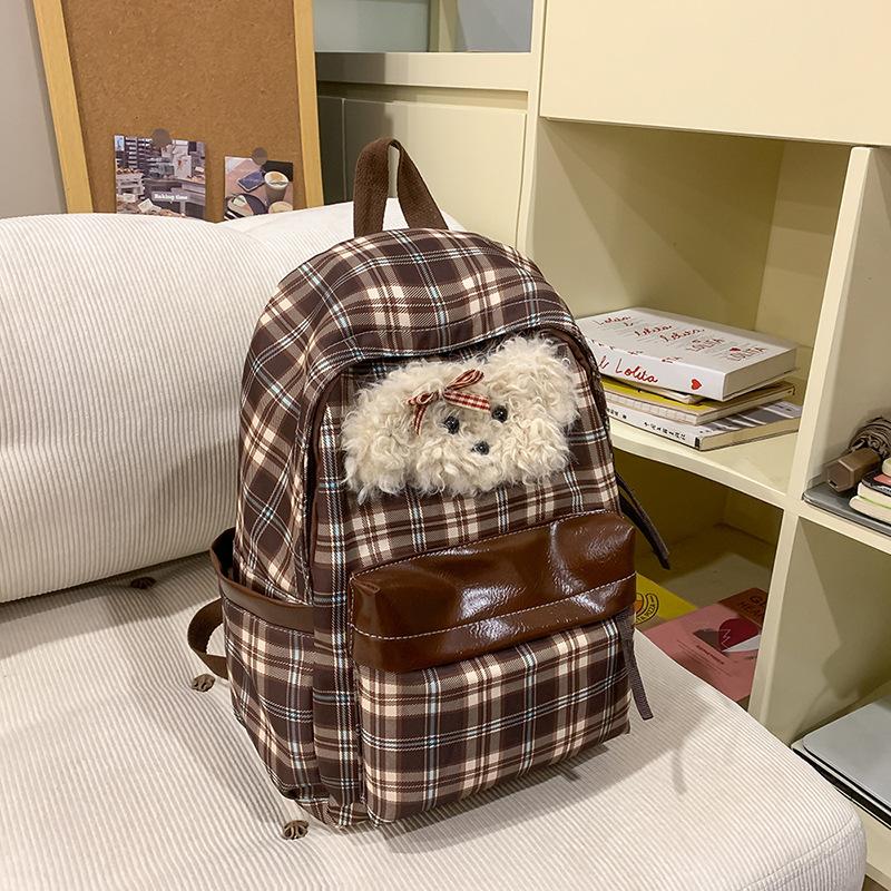Plaid Backpack Female Retro Junior High School Students High School Students Cute Puppy Leisure Backpack.