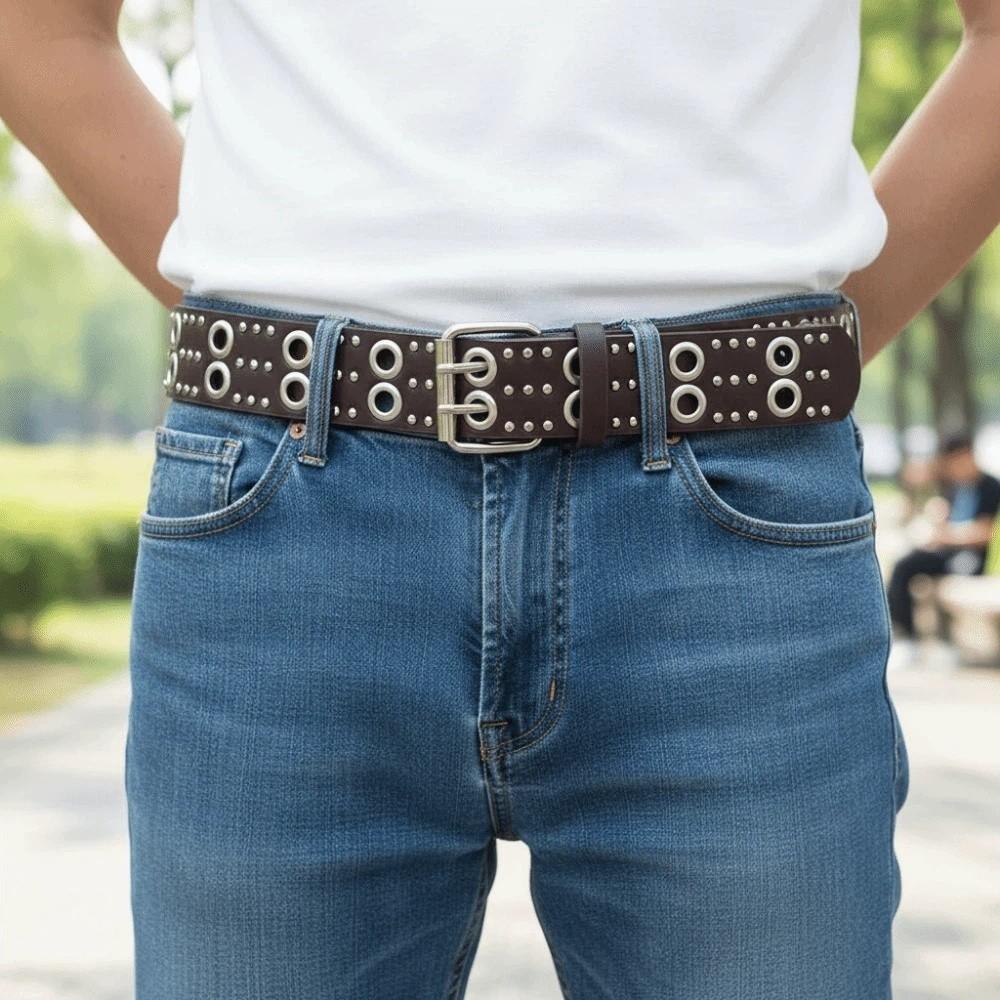 Personalized Design Hollow Rivet Belt Double Row Needle Buckle Black Leather Waistbands for Gift