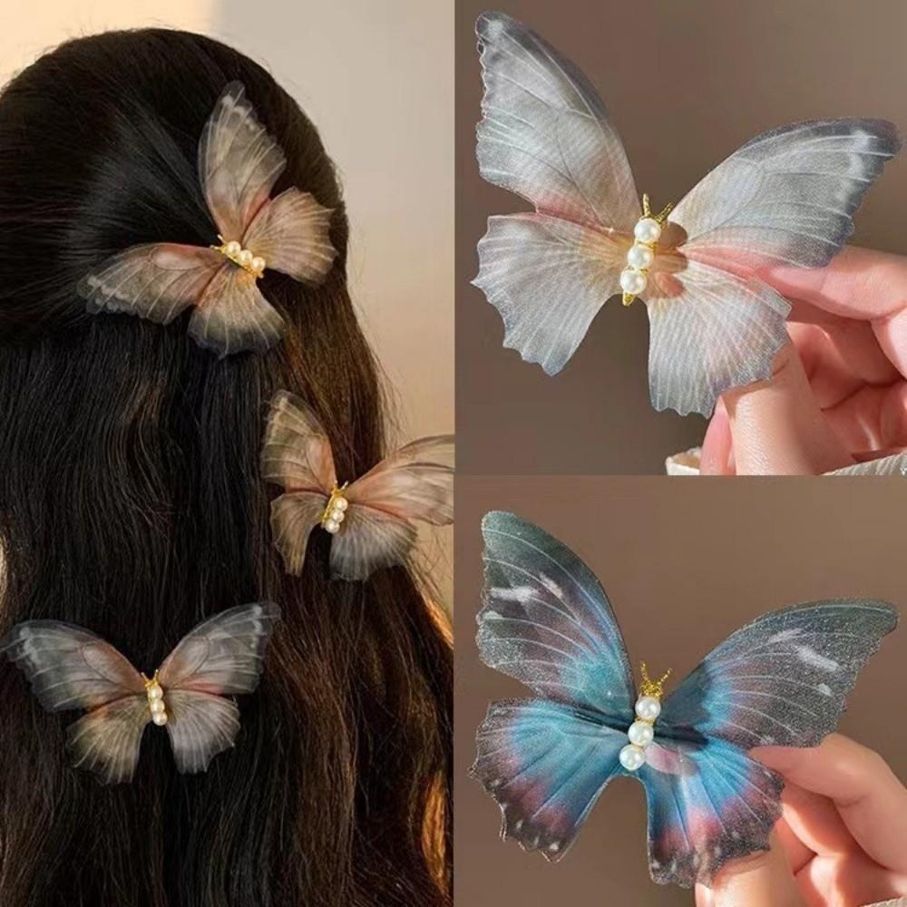 New Pearl Butterfly Hair Clips Dreamy Blue Ponytail Headdress Mesh Lace Butterfly Hairpins Hair Accessories