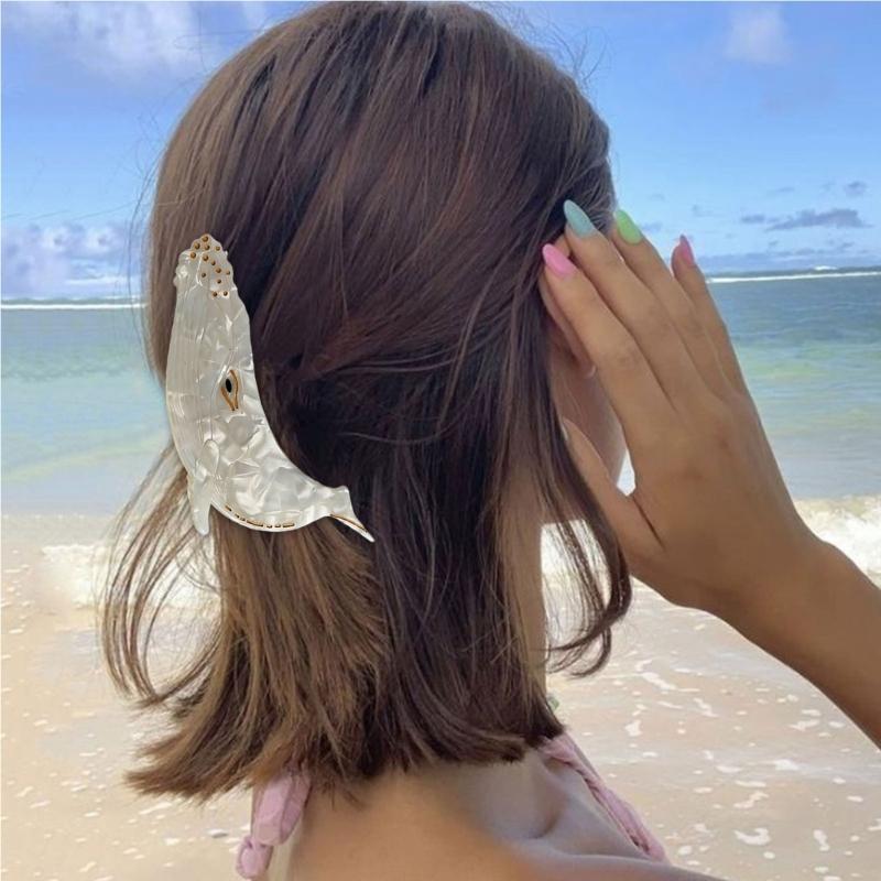 Stylish Acetate Hair Claw Clip Ocean Theme Hair Barrette Feature Marine Life Theme White Blue Ponytail Holder
