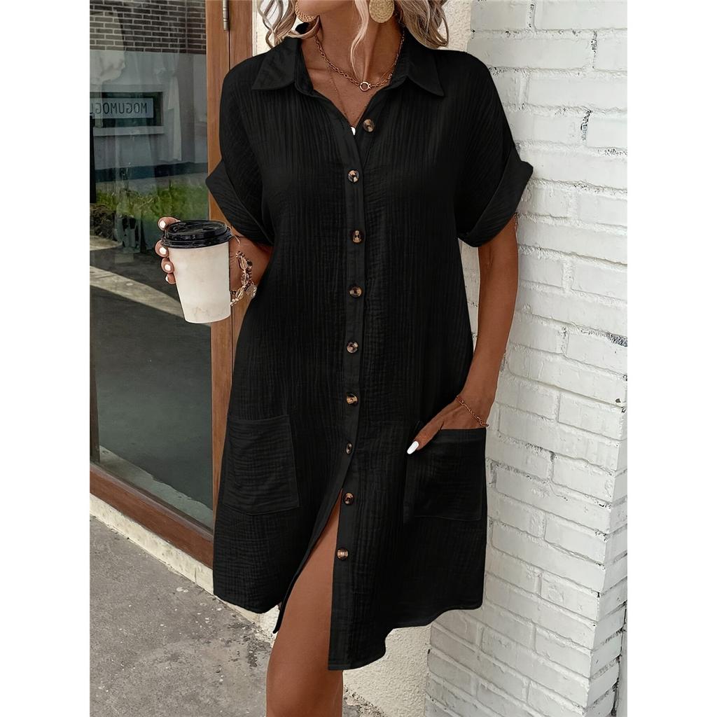 Women's Shirt Dress Solid Color Short-sleeved Lapel Cotton Linen Casual Loose Dress