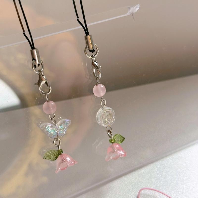 Ręcznie robiony łańcuszek do telefonu z koralików kwiat i motyl zawieszka do telefonu komórkowego kolorowy brelok wisiorek dodatek do telefonu komórkowego