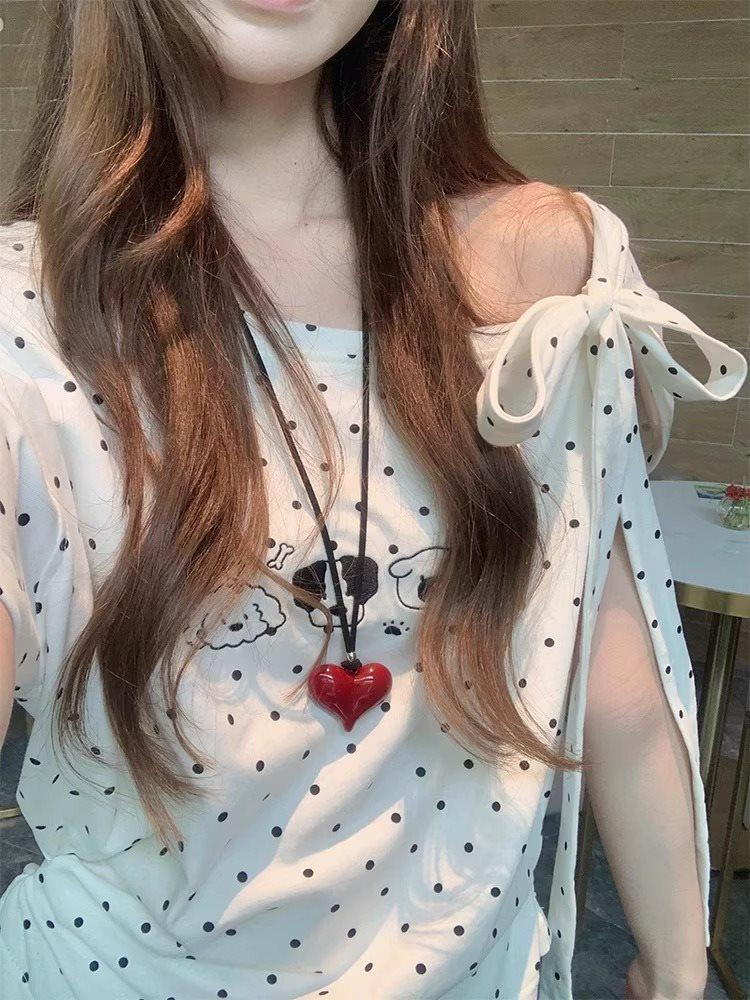 

Korean Polka Dot Off-Shoulder White T-Shirt for Women - Short Sleeve Summer Design M (recommended 95-105 jin)