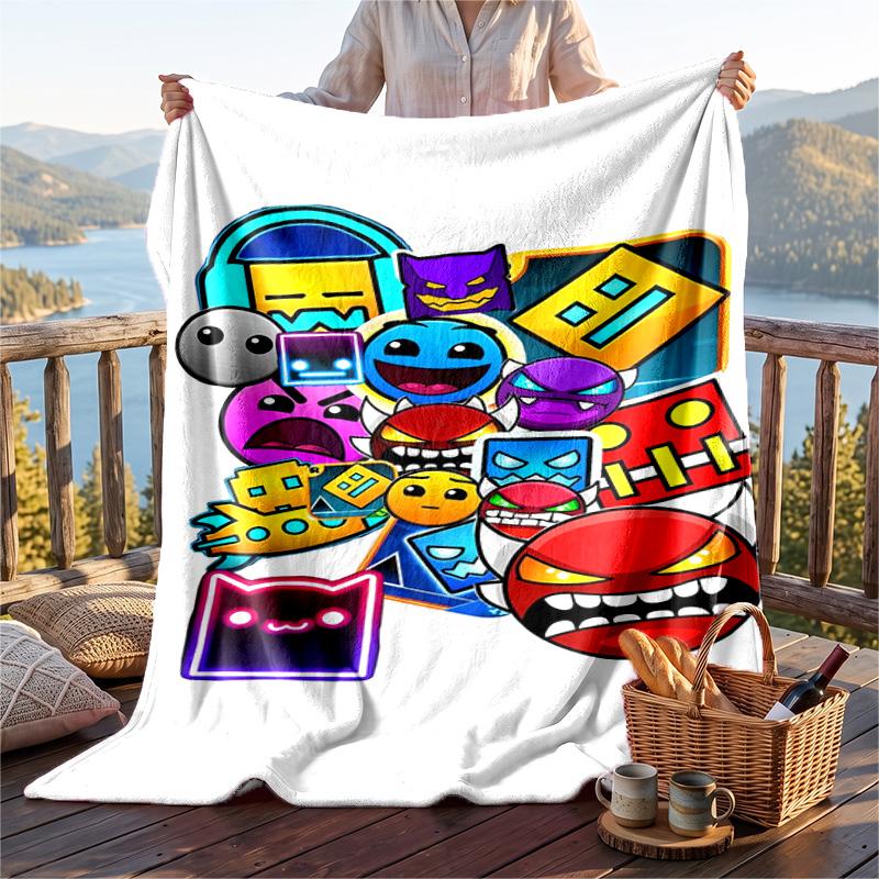 Warm Flannel Blanket Geometry Dash Pattern, Lightweight Comfortable Throw Blanket for Bed Sofa Use