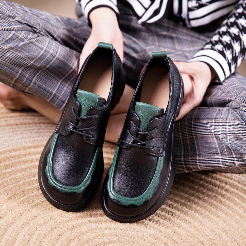 First layer cowhide loafers women's spring and autumn new British style retro lace-up wedge small leather shoes women's shoes single shoes women