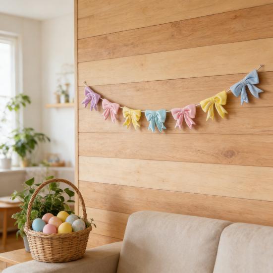 Easter Pastel Bow Garland Banner Spring Velvet Bow Garland Decoration for Table Door Mantel Window Wall Easter Party Supplies
