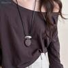 Wooden Oval Sandalwood Pendant Necklace Matte Metal Block Adjustable Leather Rope Sweater Chain