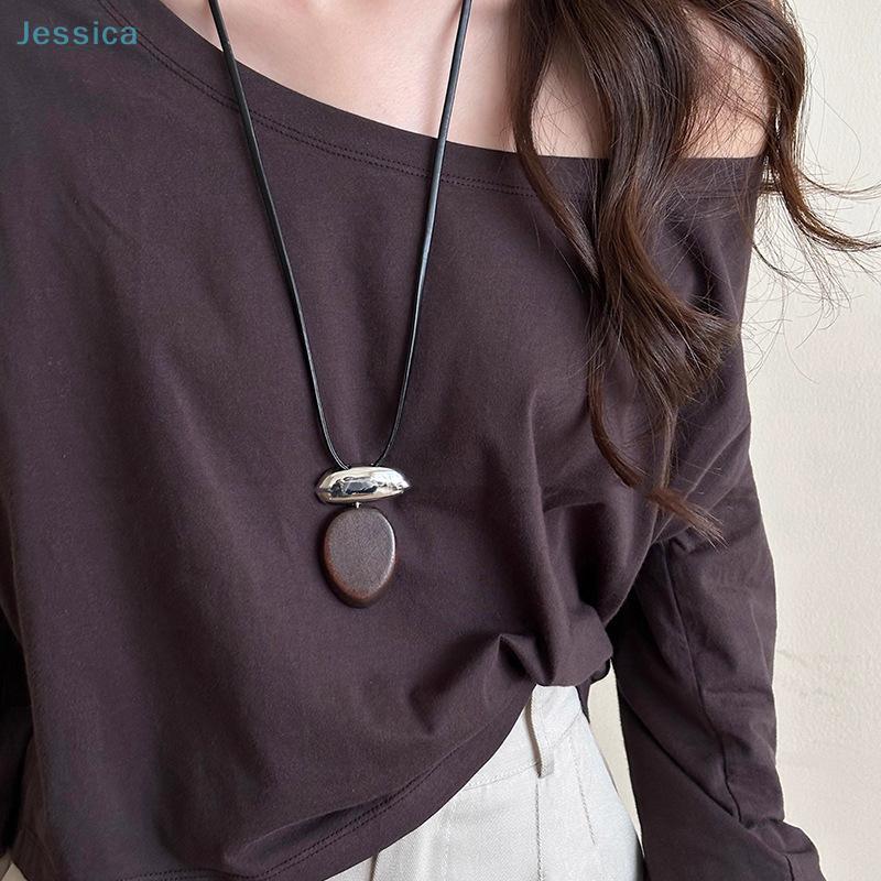 Wooden Oval Sandalwood Pendant Necklace Matte Metal Block Adjustable Leather Rope Sweater Chain