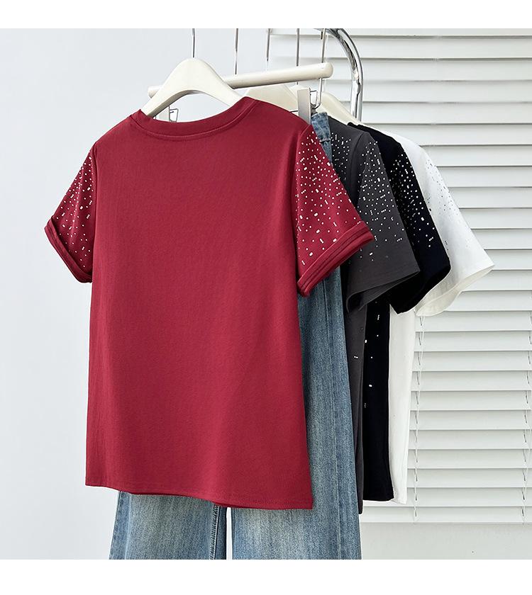 Summer 2026 Plus Size Women's Chic Rhinestone Round Neck Short Sleeve T-shirt
