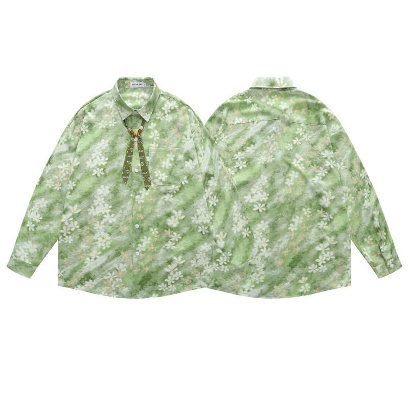 American Vintage Long Sleeve Shirt Green White Floral Print Loose Fit Casual Button Up Top Men Women