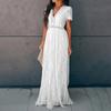 Summer New European American Style Women's Dress V-neck Short Sleeve Hollow Out Sexy Lace Trim Long Maxi Dress