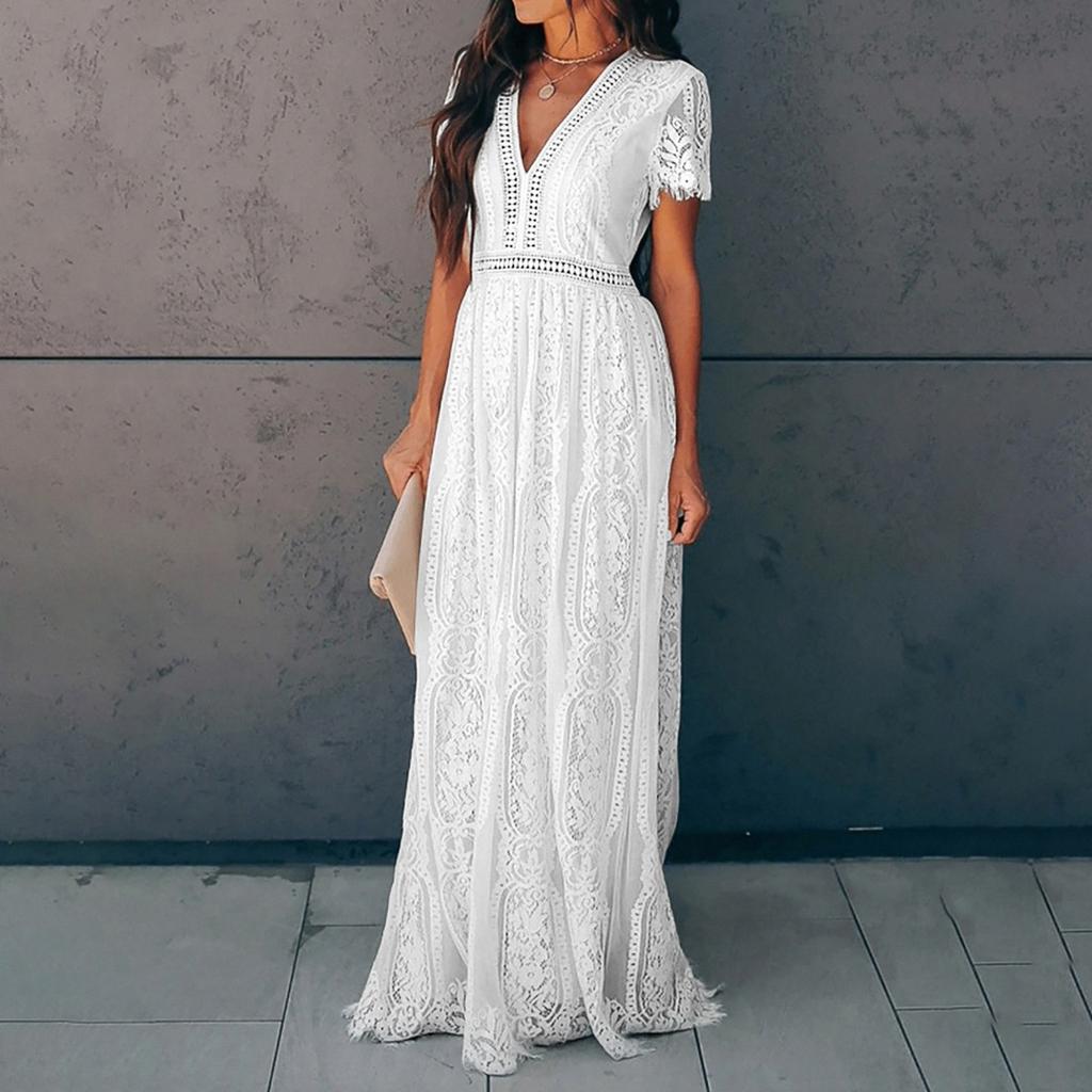Summer New European American Style Women's Dress V-neck Short Sleeve Hollow Out Sexy Lace Trim Long Maxi Dress