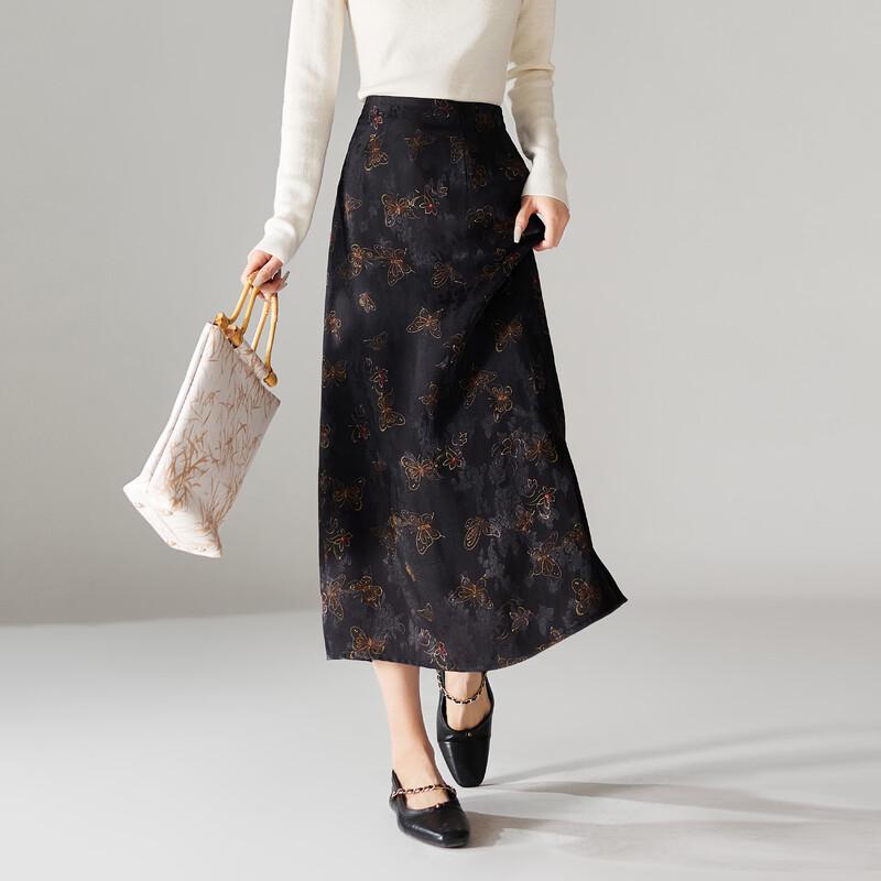 SOFSIL 2026 Spring New Chinese Style Butterfly Print Black Slit Midi Skirt
